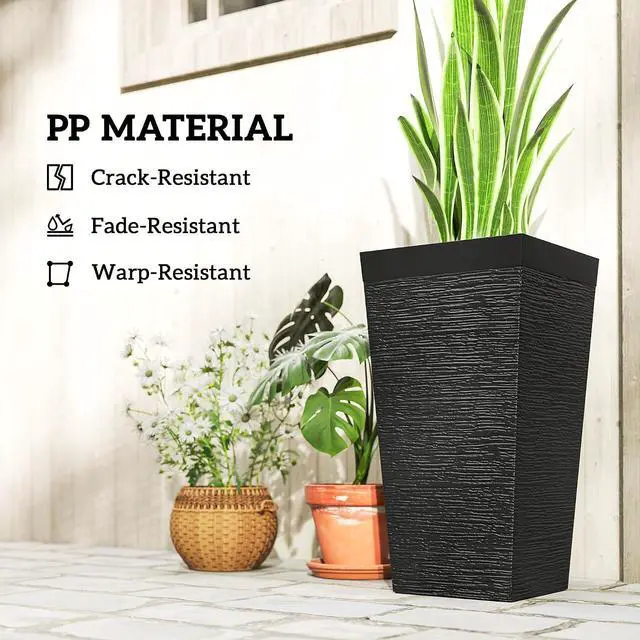 Alt view image 6 of 7 - 22.8 Inch Tall Planters for Outdoor Plants Set of 3, Black | Wheels, Plastic Flower Pots, Stone Finish, Stackable Tapered Planters, Drainage Hole, Indoor Plants, Front Porch