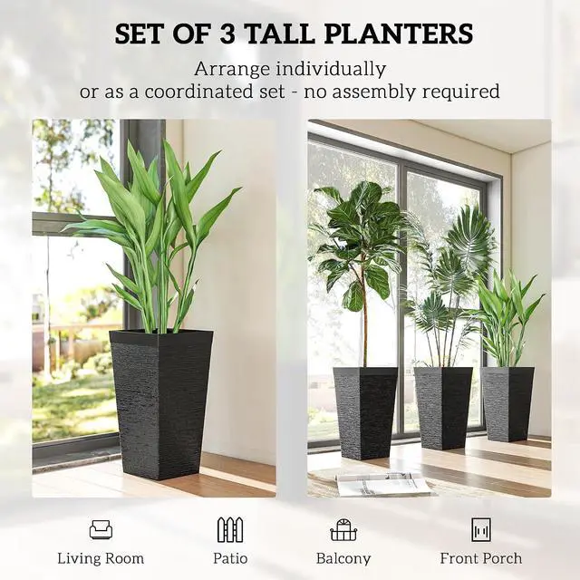 Alt view image 4 of 7 - 22.8 Inch Tall Planters for Outdoor Plants Set of 3, Black | Wheels, Plastic Flower Pots, Stone Finish, Stackable Tapered Planters, Drainage Hole, Indoor Plants, Front Porch