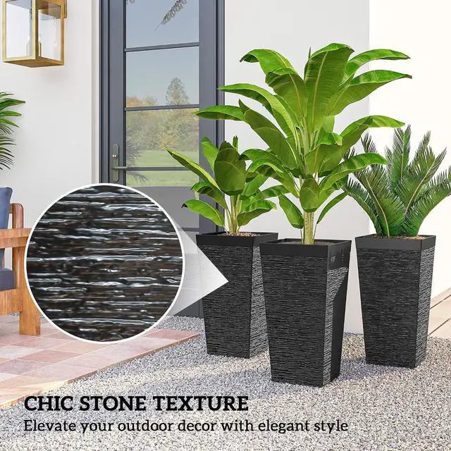 Alt view image 5 of 7 - 22.8 Inch Tall Planters for Outdoor Plants Set of 3, Black | Wheels, Plastic Flower Pots, Stone Finish, Stackable Tapered Planters, Drainage Hole, Indoor Plants, Front Porch