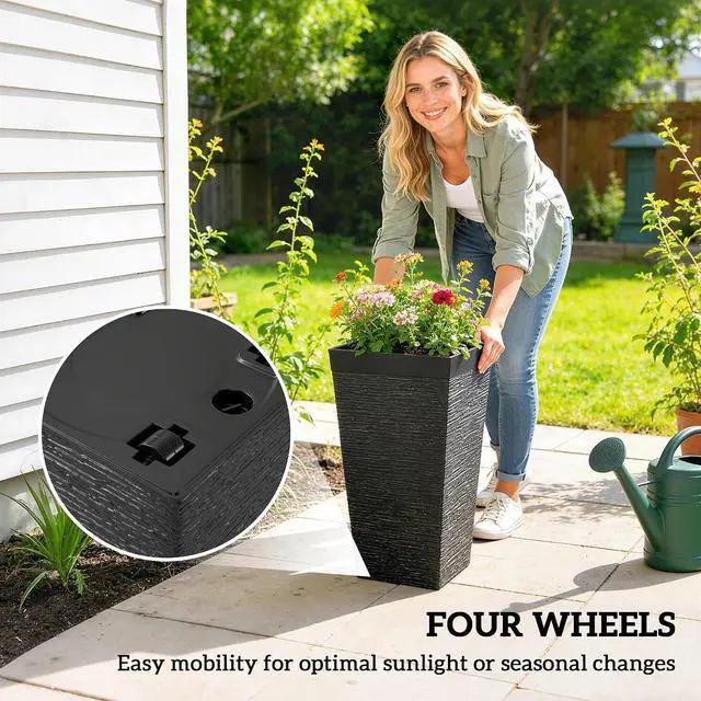 Alt view image 7 of 7 - 22.8 Inch Tall Planters for Outdoor Plants Set of 3, Black | Wheels, Plastic Flower Pots, Stone Finish, Stackable Tapered Planters, Drainage Hole, Indoor Plants, Front Porch