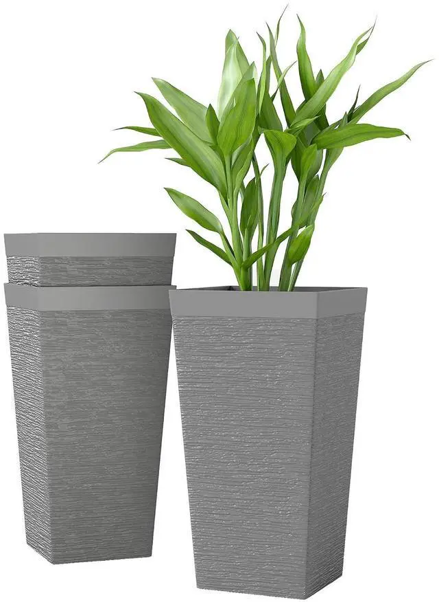 Main image of 22.8 Inch Tall Planters for Outdoor Plants Set of 3, Gray | Wheels, Plastic Flower Pots, Stone Finish, Stackable Tapered Planters, Drainage Hole, Indoor Plants, Front Porch