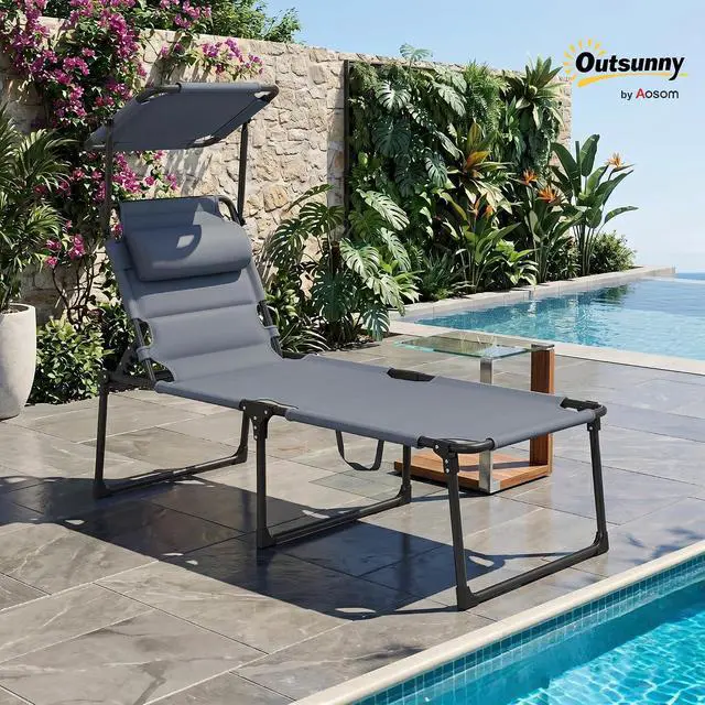 Alt view image 2 of 7 - Outdoor Lounge Chair Adjustable Tanning Chair Gray | Folding Chaise Lounge, Cushioned, Sunshade Roof, Pillow Headrest, Patio, Beach, Camping, Hiking