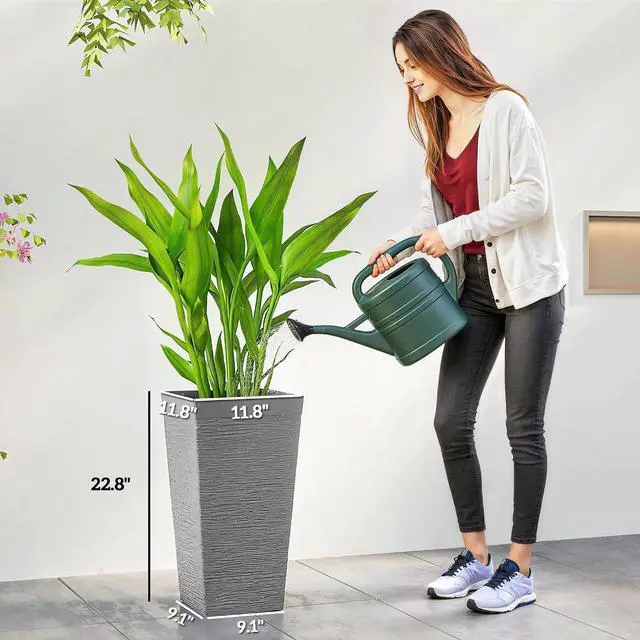 Alt view image 3 of 7 - 22.8 Inch Tall Planters for Outdoor Plants Set of 3, Gray | Wheels, Plastic Flower Pots, Stone Finish, Stackable Tapered Planters, Drainage Hole, Indoor Plants, Front Porch
