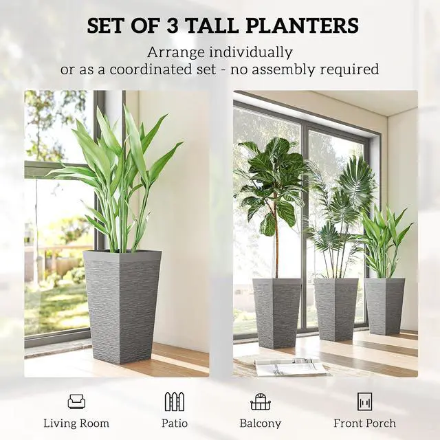 Alt view image 4 of 7 - 22.8 Inch Tall Planters for Outdoor Plants Set of 3, Gray | Wheels, Plastic Flower Pots, Stone Finish, Stackable Tapered Planters, Drainage Hole, Indoor Plants, Front Porch