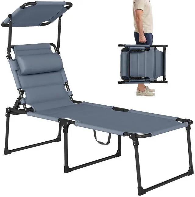 Main image of Outdoor Lounge Chair Adjustable Tanning Chair Gray | Folding Chaise Lounge, Cushioned, Sunshade Roof, Pillow Headrest, Patio, Beach, Camping, Hiking