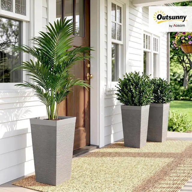Alt view image 2 of 7 - 22.8 Inch Tall Planters for Outdoor Plants Set of 3, Gray | Wheels, Plastic Flower Pots, Stone Finish, Stackable Tapered Planters, Drainage Hole, Indoor Plants, Front Porch