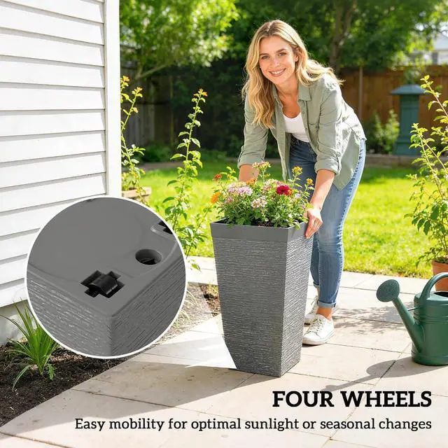 Alt view image 7 of 7 - 22.8 Inch Tall Planters for Outdoor Plants Set of 3, Gray | Wheels, Plastic Flower Pots, Stone Finish, Stackable Tapered Planters, Drainage Hole, Indoor Plants, Front Porch