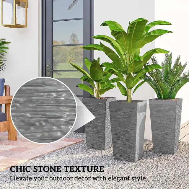 Alt view image 5 of 7 - 22.8 Inch Tall Planters for Outdoor Plants Set of 3, Gray | Wheels, Plastic Flower Pots, Stone Finish, Stackable Tapered Planters, Drainage Hole, Indoor Plants, Front Porch