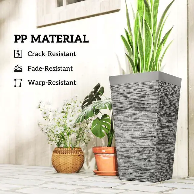 Alt view image 6 of 7 - 22.8 Inch Tall Planters for Outdoor Plants Set of 3, Gray | Wheels, Plastic Flower Pots, Stone Finish, Stackable Tapered Planters, Drainage Hole, Indoor Plants, Front Porch