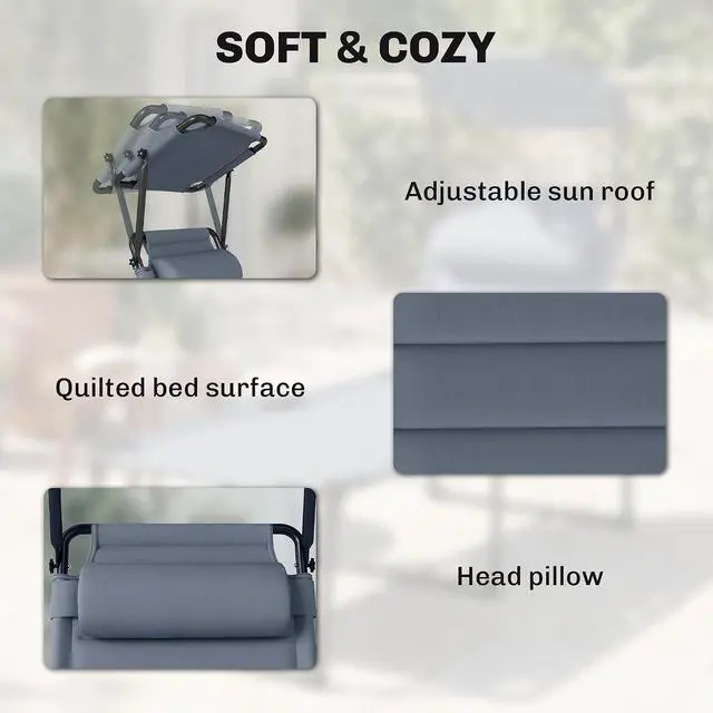 Alt view image 5 of 7 - Outdoor Lounge Chair Adjustable Tanning Chair Gray | Folding Chaise Lounge, Cushioned, Sunshade Roof, Pillow Headrest, Patio, Beach, Camping, Hiking