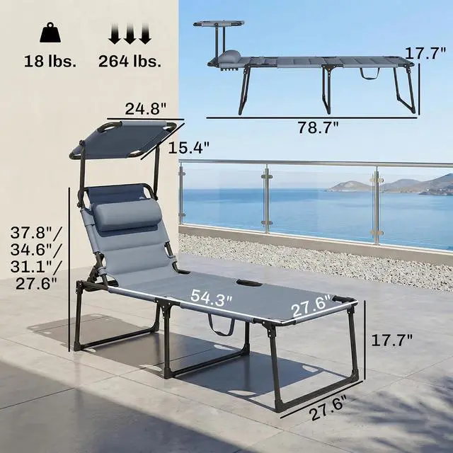 Alt view image 6 of 7 - Outdoor Lounge Chair Adjustable Tanning Chair Gray | Folding Chaise Lounge, Cushioned, Sunshade Roof, Pillow Headrest, Patio, Beach, Camping, Hiking