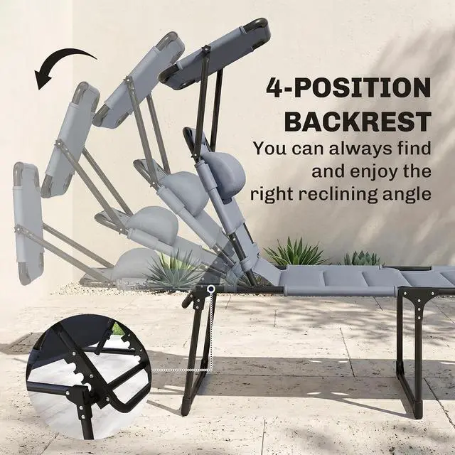 Alt view image 4 of 7 - Outdoor Lounge Chair Adjustable Tanning Chair Gray | Folding Chaise Lounge, Cushioned, Sunshade Roof, Pillow Headrest, Patio, Beach, Camping, Hiking