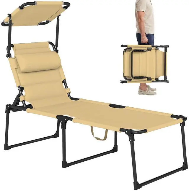 Main image of Outdoor Lounge Chair Adjustable Tanning Chair Cream White | Folding Chaise Lounge, Cushioned, Sunshade Roof, Pillow Headrest, Patio, Beach, Camping, Hiking