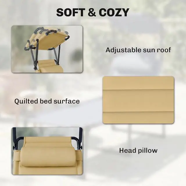 Alt view image 5 of 7 - Outdoor Lounge Chair Adjustable Tanning Chair Cream White | Folding Chaise Lounge, Cushioned, Sunshade Roof, Pillow Headrest, Patio, Beach, Camping, Hiking