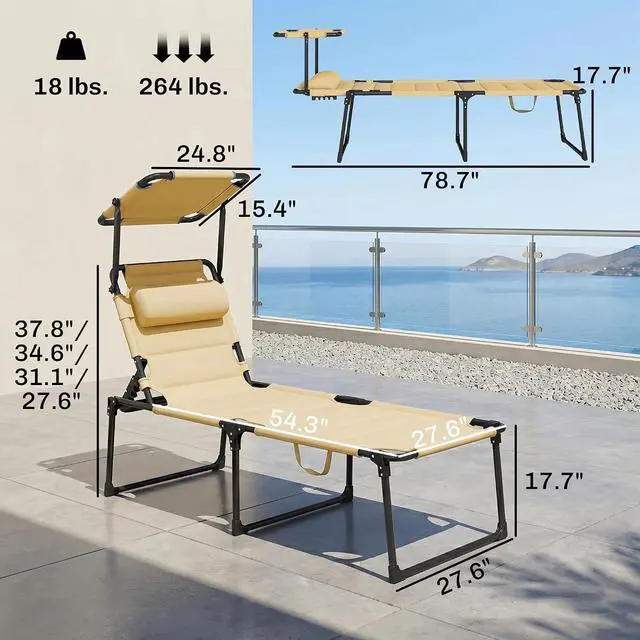 Alt view image 6 of 7 - Outdoor Lounge Chair Adjustable Tanning Chair Cream White | Folding Chaise Lounge, Cushioned, Sunshade Roof, Pillow Headrest, Patio, Beach, Camping, Hiking