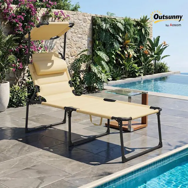Alt view image 2 of 7 - Outdoor Lounge Chair Adjustable Tanning Chair Cream White | Folding Chaise Lounge, Cushioned, Sunshade Roof, Pillow Headrest, Patio, Beach, Camping, Hiking