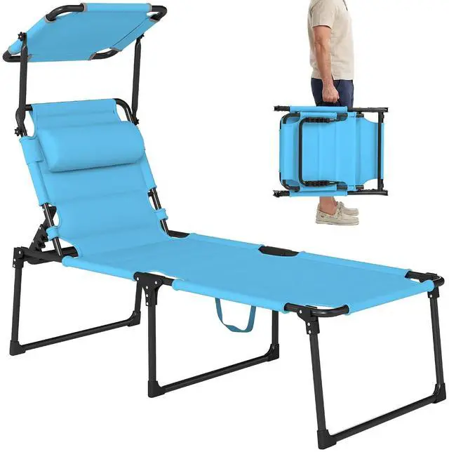 Main image of Outdoor Lounge Chair Adjustable Tanning Chair Light Blue | Folding Chaise Lounge, Cushioned, Sunshade Roof, Pillow Headrest, Patio, Beach, Camping, Hiking