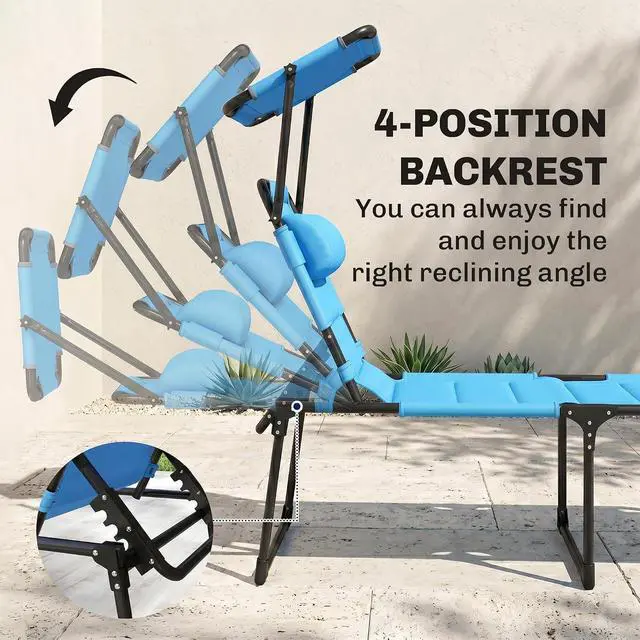 Alt view image 4 of 7 - Outdoor Lounge Chair Adjustable Tanning Chair Light Blue | Folding Chaise Lounge, Cushioned, Sunshade Roof, Pillow Headrest, Patio, Beach, Camping, Hiking