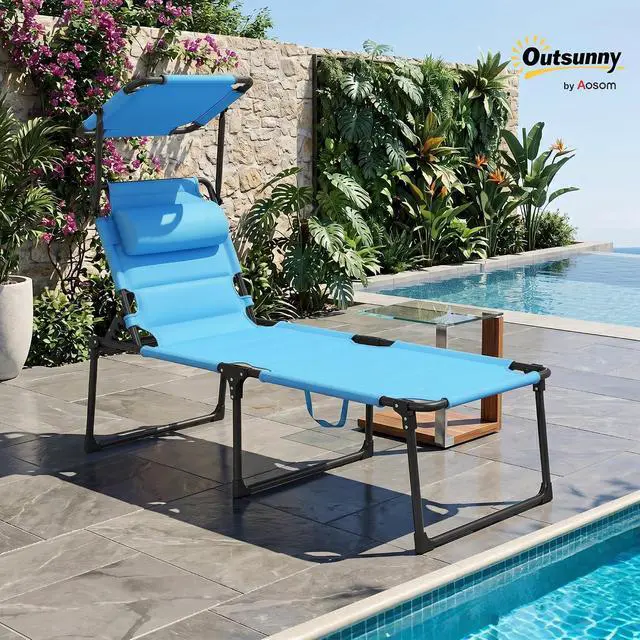Alt view image 2 of 7 - Outdoor Lounge Chair Adjustable Tanning Chair Light Blue | Folding Chaise Lounge, Cushioned, Sunshade Roof, Pillow Headrest, Patio, Beach, Camping, Hiking