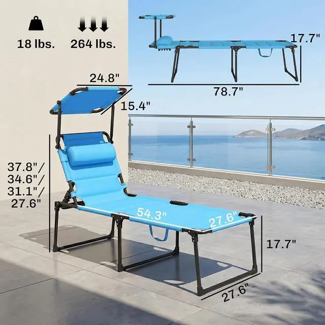 Alt view image 6 of 7 - Outdoor Lounge Chair Adjustable Tanning Chair Light Blue | Folding Chaise Lounge, Cushioned, Sunshade Roof, Pillow Headrest, Patio, Beach, Camping, Hiking