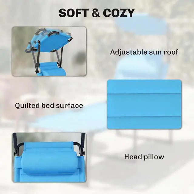 Alt view image 5 of 7 - Outdoor Lounge Chair Adjustable Tanning Chair Light Blue | Folding Chaise Lounge, Cushioned, Sunshade Roof, Pillow Headrest, Patio, Beach, Camping, Hiking