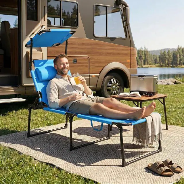 Alt view image 7 of 7 - Outdoor Lounge Chair Adjustable Tanning Chair Light Blue | Folding Chaise Lounge, Cushioned, Sunshade Roof, Pillow Headrest, Patio, Beach, Camping, Hiking