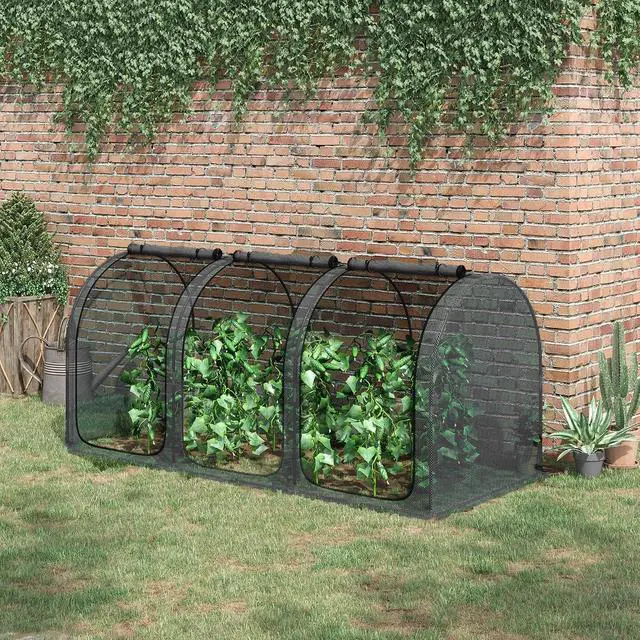 Alt view image 2 of 7 - 8' x 4' Crop Cage Plant Protection Tent for Garden, Black | Three Zippered Doors, Steel Frame, Storage Bag, 4 Ground Stakes, Yard, Lawn