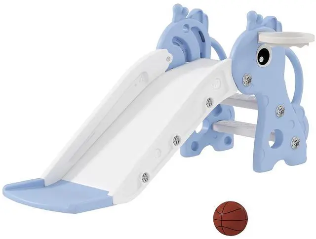 Main image of Qaba Toddler Slide with Climber, Basketball Hoop, Ball, Age 1-3 Y, Blue | Indoor Kids Slide, Giraffe Design, Freestanding Playground Equipment