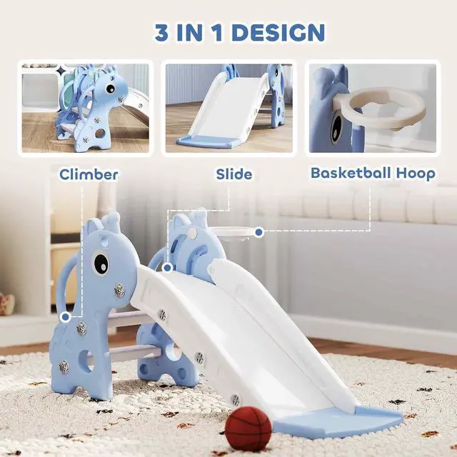 Alt view image 3 of 7 - Qaba Toddler Slide with Climber, Basketball Hoop, Ball, Age 1-3 Y, Blue | Indoor Kids Slide, Giraffe Design, Freestanding Playground Equipment