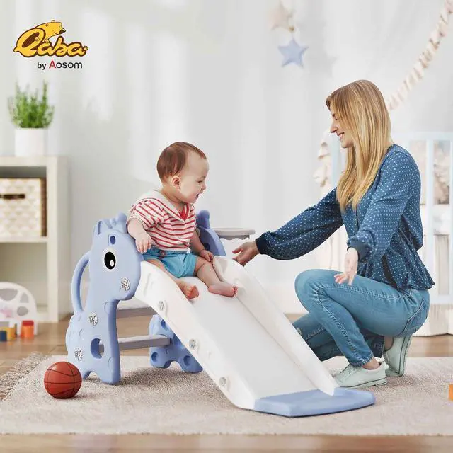 Alt view image 2 of 7 - Qaba Toddler Slide with Climber, Basketball Hoop, Ball, Age 1-3 Y, Blue | Indoor Kids Slide, Giraffe Design, Freestanding Playground Equipment
