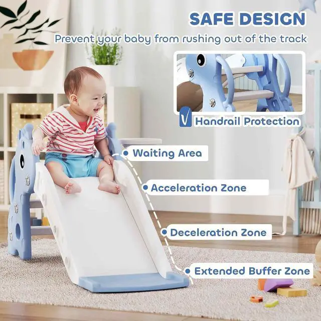 Alt view image 5 of 7 - Qaba Toddler Slide with Climber, Basketball Hoop, Ball, Age 1-3 Y, Blue | Indoor Kids Slide, Giraffe Design, Freestanding Playground Equipment