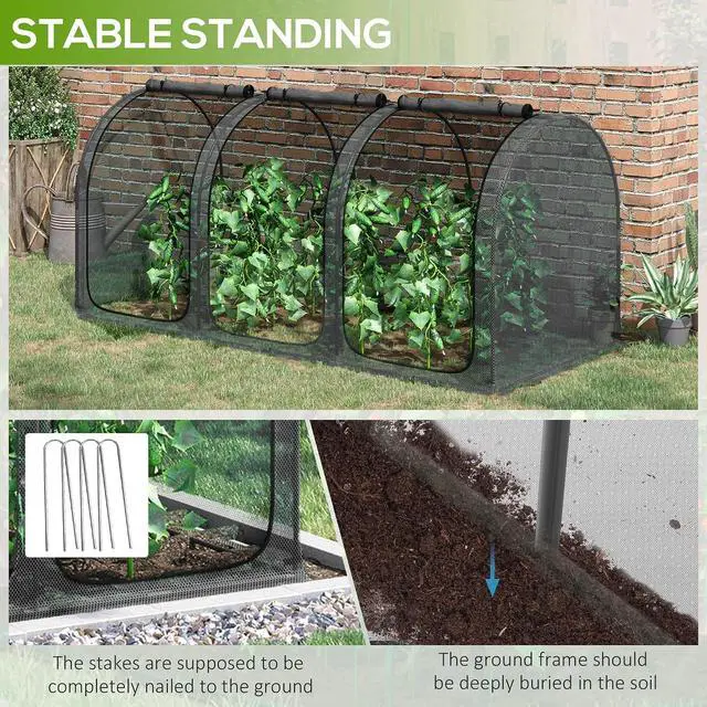Alt view image 7 of 7 - 8' x 4' Crop Cage Plant Protection Tent for Garden, Black | Three Zippered Doors, Steel Frame, Storage Bag, 4 Ground Stakes, Yard, Lawn