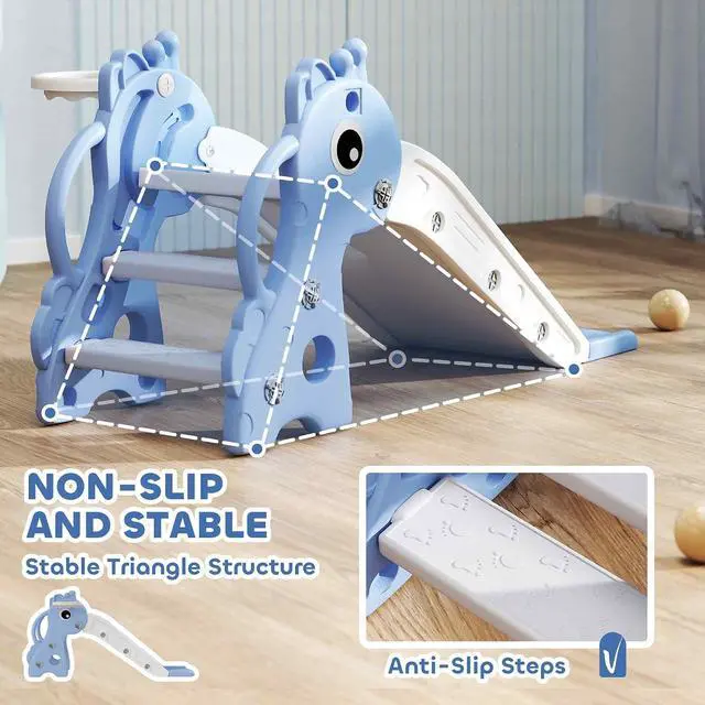 Alt view image 6 of 7 - Qaba Toddler Slide with Climber, Basketball Hoop, Ball, Age 1-3 Y, Blue | Indoor Kids Slide, Giraffe Design, Freestanding Playground Equipment