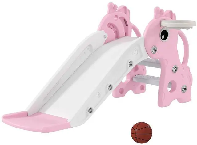 Main image of Qaba Toddler Slide with Climber, Basketball Hoop, Ball, Age 1-3 Y, Pink | Indoor Kids Slide, Giraffe Design, Freestanding Playground Equipment