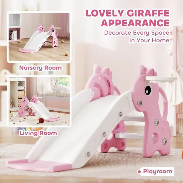 Alt view image 4 of 7 - Qaba Toddler Slide with Climber, Basketball Hoop, Ball, Age 1-3 Y, Pink | Indoor Kids Slide, Giraffe Design, Freestanding Playground Equipment