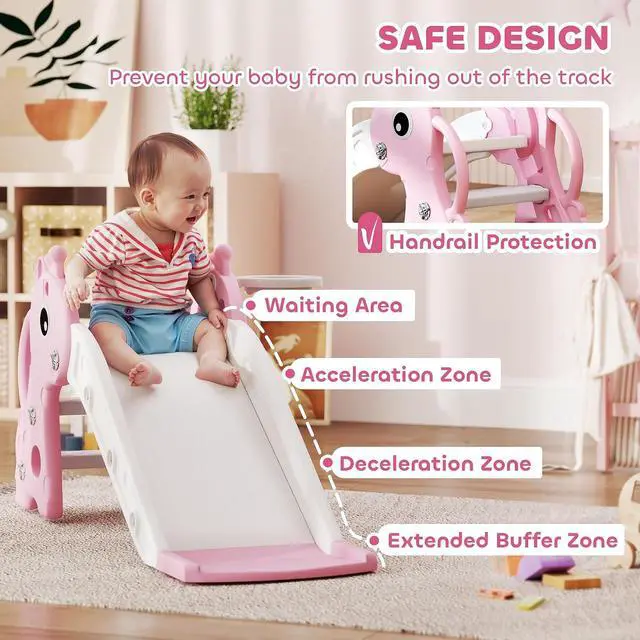 Alt view image 5 of 7 - Qaba Toddler Slide with Climber, Basketball Hoop, Ball, Age 1-3 Y, Pink | Indoor Kids Slide, Giraffe Design, Freestanding Playground Equipment