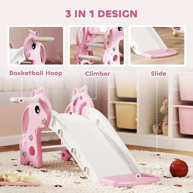 Alt view image 3 of 7 - Qaba Toddler Slide with Climber, Basketball Hoop, Ball, Age 1-3 Y, Pink | Indoor Kids Slide, Giraffe Design, Freestanding Playground Equipment