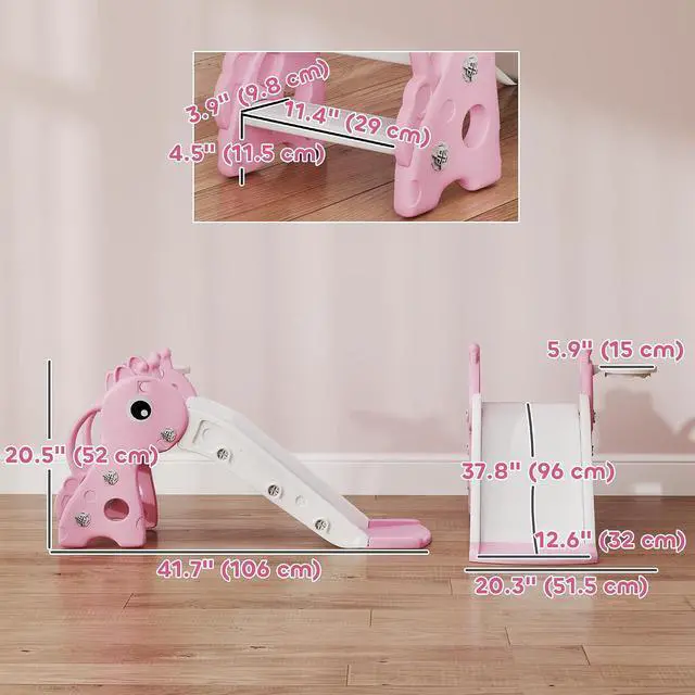Alt view image 7 of 7 - Qaba Toddler Slide with Climber, Basketball Hoop, Ball, Age 1-3 Y, Pink | Indoor Kids Slide, Giraffe Design, Freestanding Playground Equipment