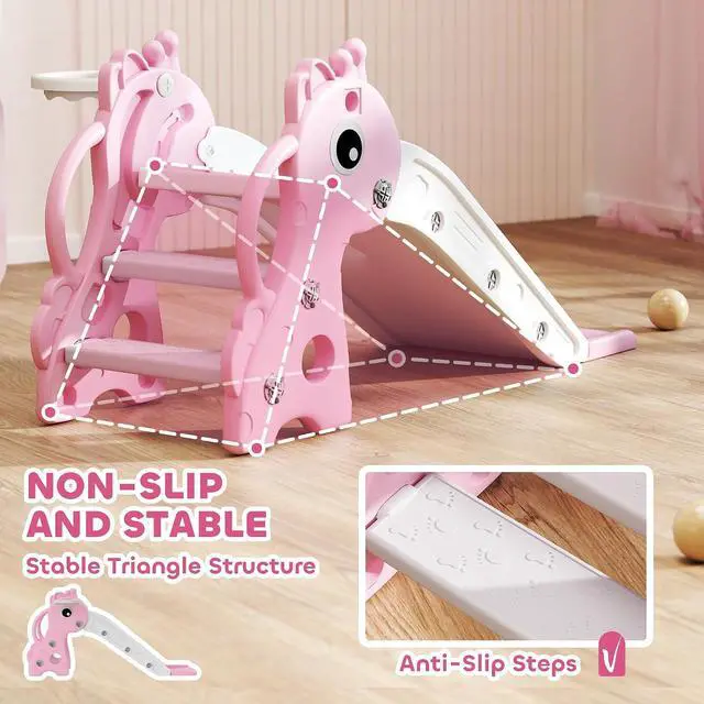 Alt view image 6 of 7 - Qaba Toddler Slide with Climber, Basketball Hoop, Ball, Age 1-3 Y, Pink | Indoor Kids Slide, Giraffe Design, Freestanding Playground Equipment