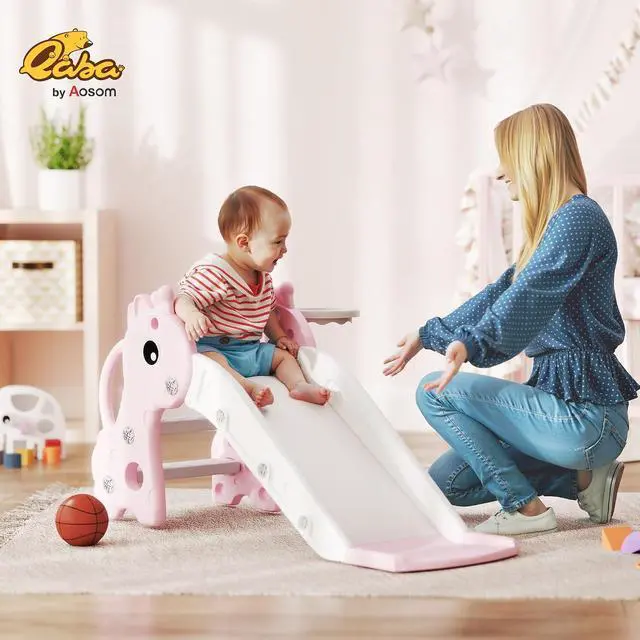 Alt view image 2 of 7 - Qaba Toddler Slide with Climber, Basketball Hoop, Ball, Age 1-3 Y, Pink | Indoor Kids Slide, Giraffe Design, Freestanding Playground Equipment