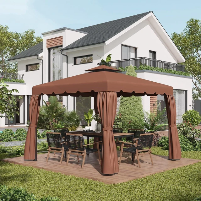 Alt view image 2 of 7 - 10' x 10' Gazebo Replacement Canopy Double Vented Roof Coffee | Gazebo Top Cover, for Outsunny 9.7' x 9.7' Frame, Garden Patio Outdoor, TOP ONLY