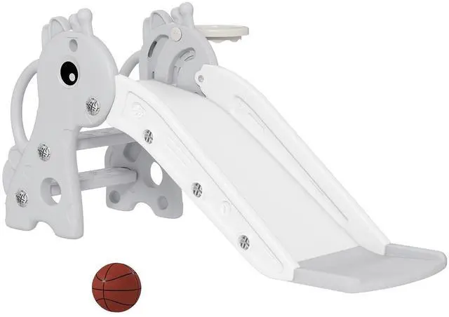 Main image of Qaba Toddler Slide with Climber, Basketball Hoop, Ball, Age 1-3 Y, Gray | Indoor Kids Slide, Giraffe Design, Freestanding Playground Equipment