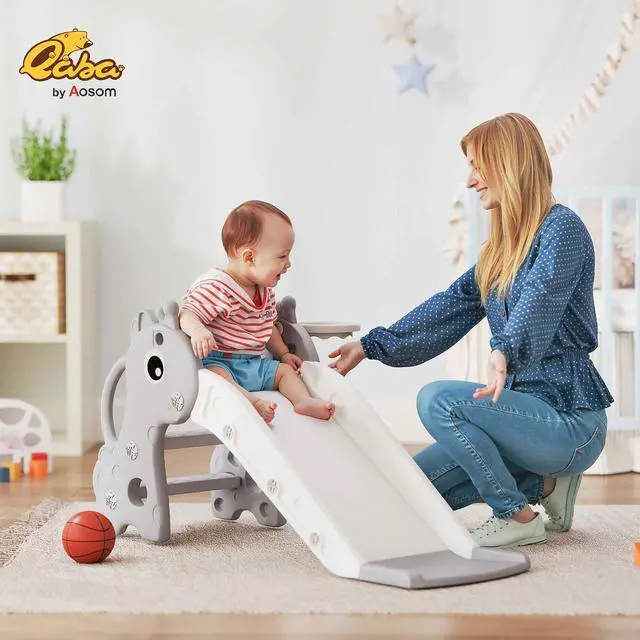 Alt view image 2 of 7 - Qaba Toddler Slide with Climber, Basketball Hoop, Ball, Age 1-3 Y, Gray | Indoor Kids Slide, Giraffe Design, Freestanding Playground Equipment