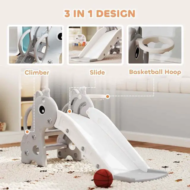 Alt view image 3 of 7 - Qaba Toddler Slide with Climber, Basketball Hoop, Ball, Age 1-3 Y, Gray | Indoor Kids Slide, Giraffe Design, Freestanding Playground Equipment