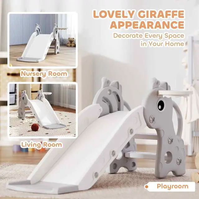 Alt view image 4 of 7 - Qaba Toddler Slide with Climber, Basketball Hoop, Ball, Age 1-3 Y, Gray | Indoor Kids Slide, Giraffe Design, Freestanding Playground Equipment