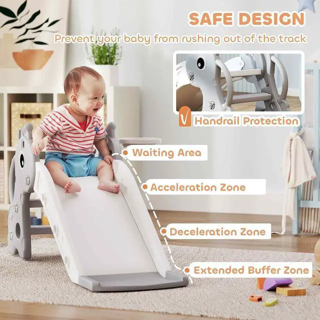 Alt view image 5 of 7 - Qaba Toddler Slide with Climber, Basketball Hoop, Ball, Age 1-3 Y, Gray | Indoor Kids Slide, Giraffe Design, Freestanding Playground Equipment