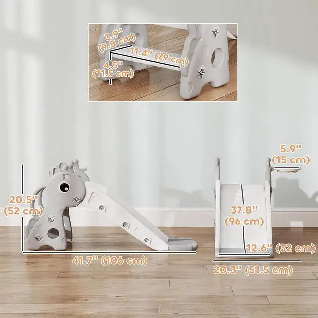 Alt view image 7 of 7 - Qaba Toddler Slide with Climber, Basketball Hoop, Ball, Age 1-3 Y, Gray | Indoor Kids Slide, Giraffe Design, Freestanding Playground Equipment