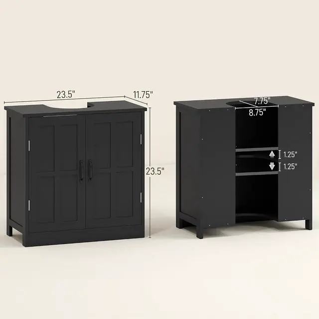 Alt view image 3 of 7 - kleankin Pedestal Sink Storage Cabinet with 2 Doors Adjustable Shelf Black | Under Sink Cabinet, Bathroom Vanity, U-Shape Cut-out