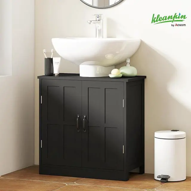 Alt view image 2 of 7 - kleankin Pedestal Sink Storage Cabinet with 2 Doors Adjustable Shelf Black | Under Sink Cabinet, Bathroom Vanity, U-Shape Cut-out
