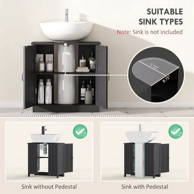 Alt view image 4 of 7 - kleankin Pedestal Sink Storage Cabinet with 2 Doors Adjustable Shelf Black | Under Sink Cabinet, Bathroom Vanity, U-Shape Cut-out